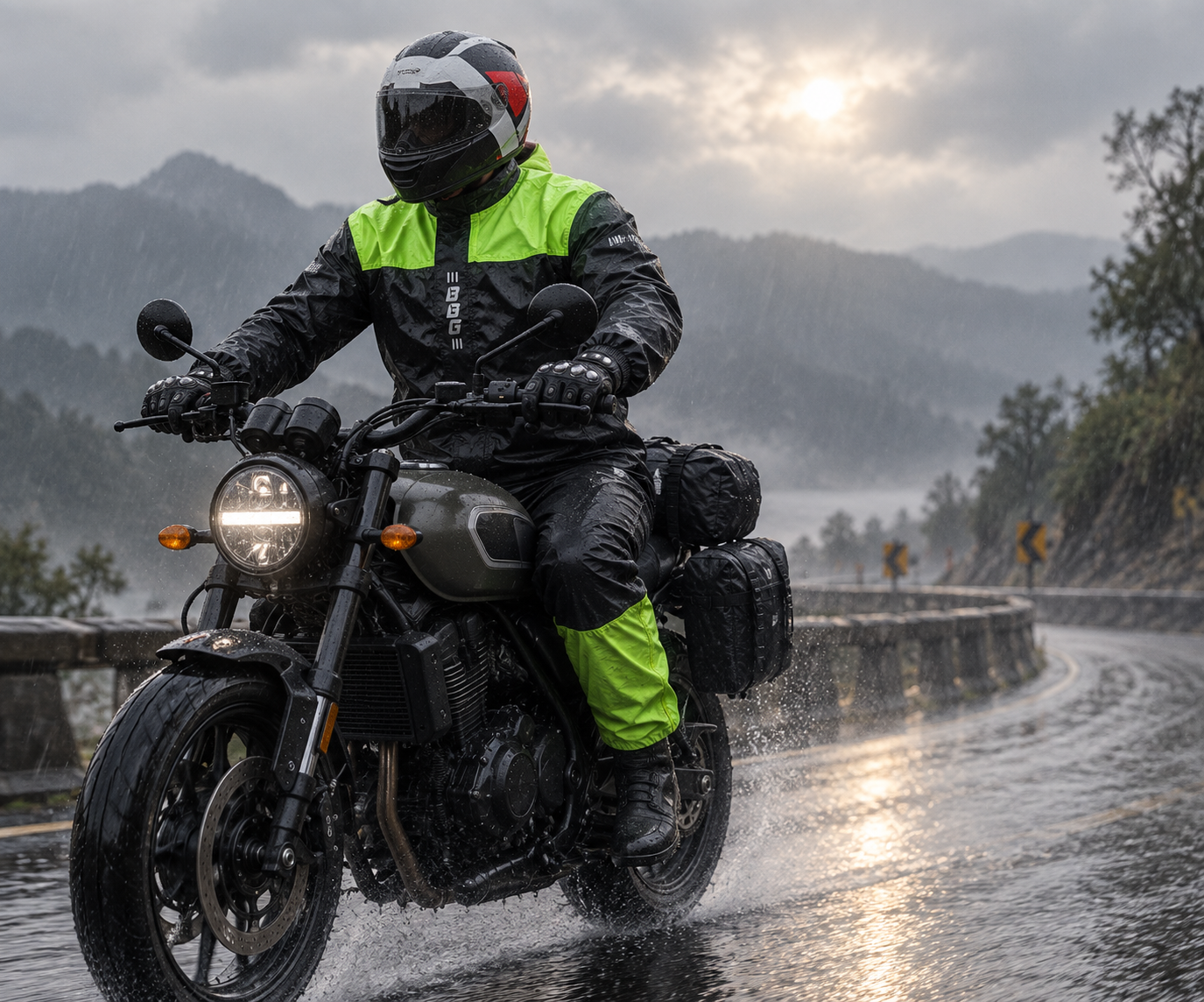 Rider in wet-weather gear riding through monsoon rain