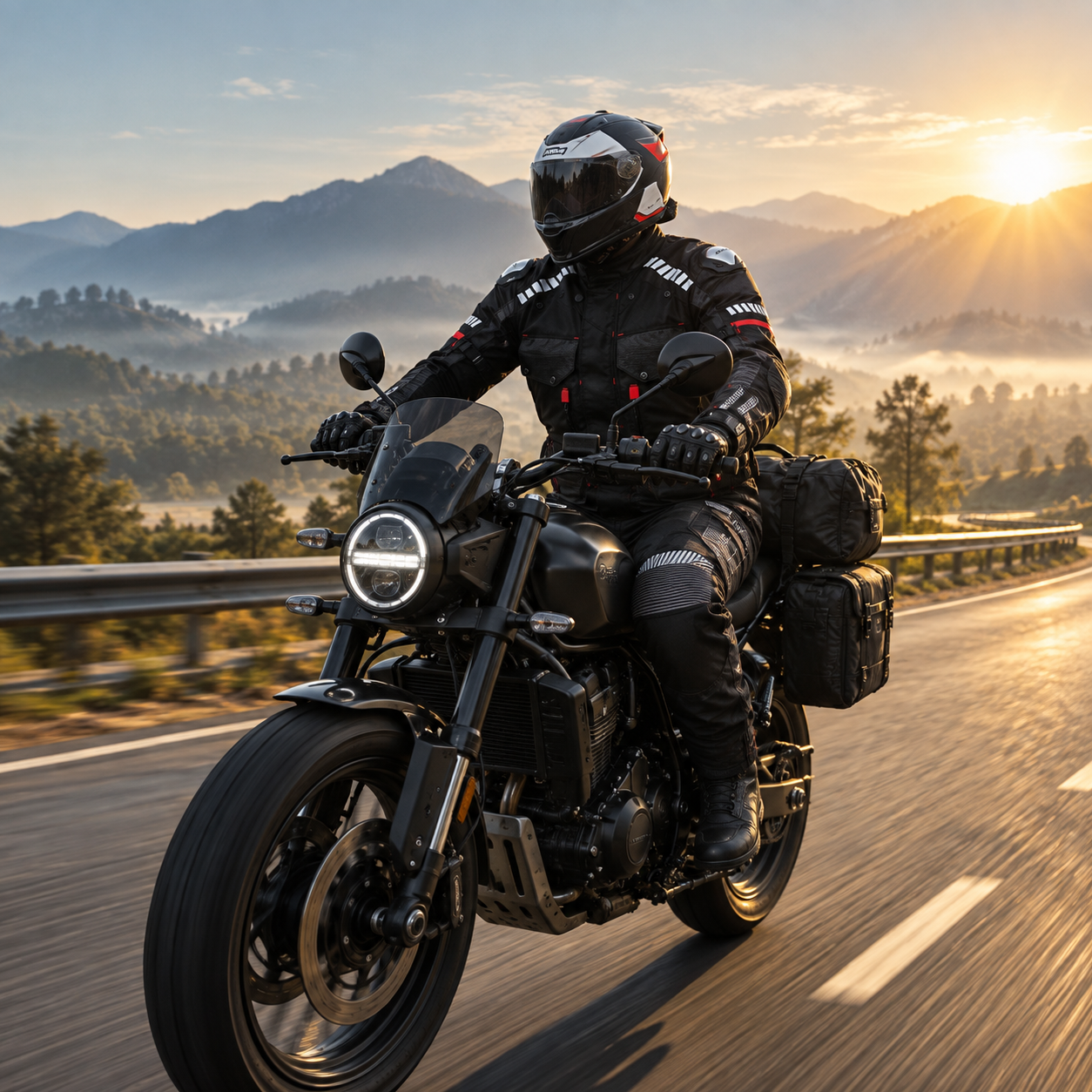 Rider in full Biking Brotherhood gear leaning into a mountain curve
