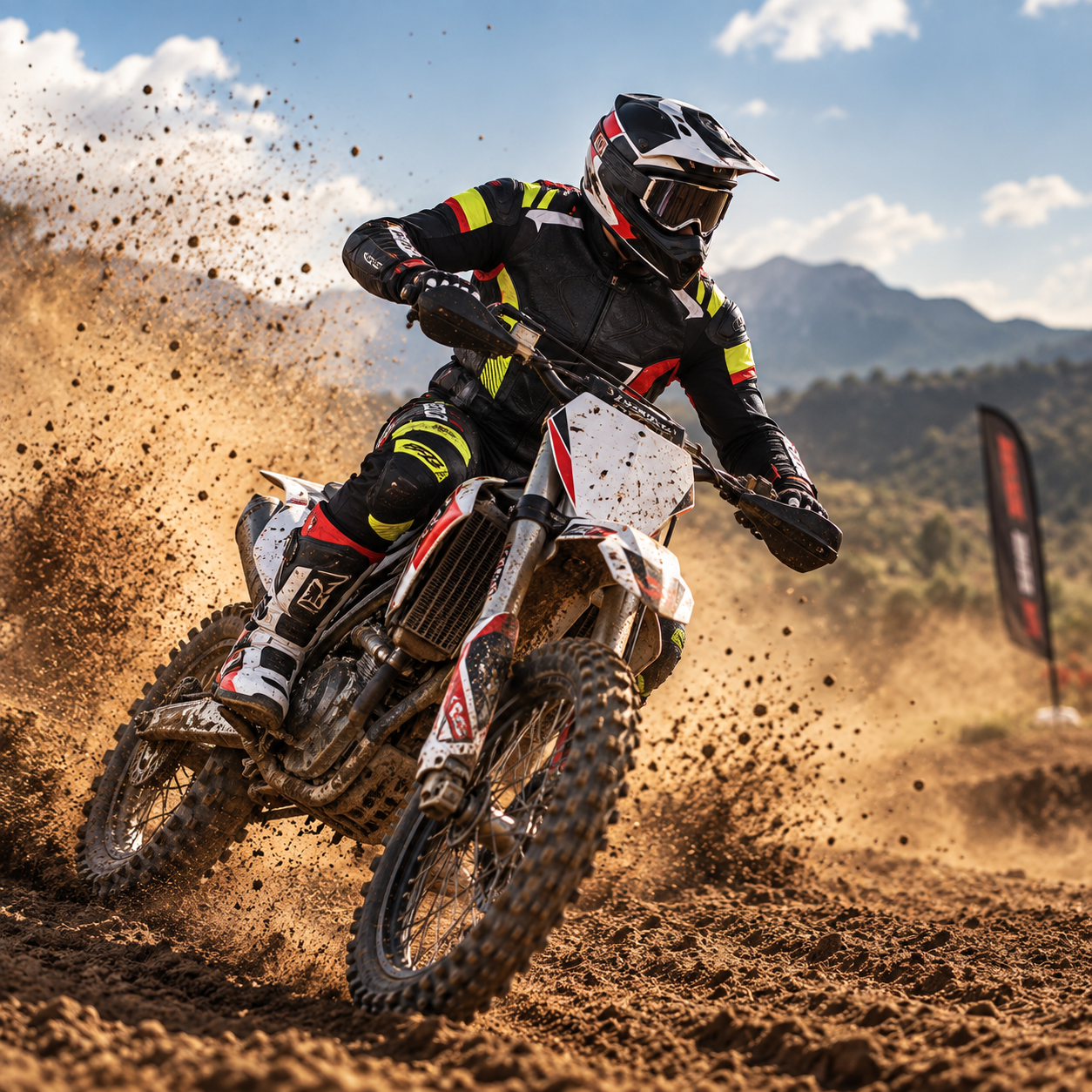 Motocross rider in full off-road gear launching a dirt bike off a jump